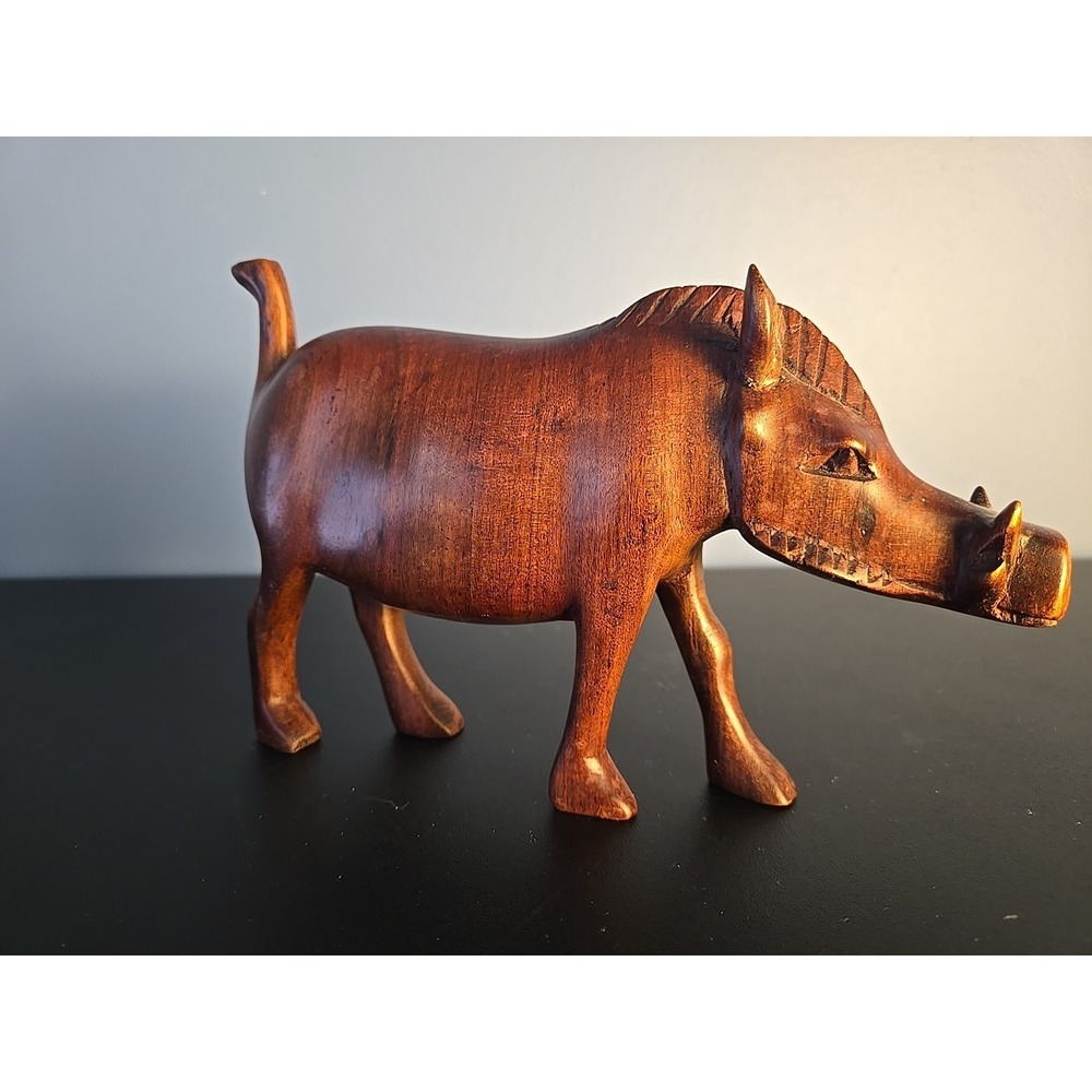 Vintage Wild Boar Warthog Lignum Vitae Hand Carved Solid Wood Sculpture